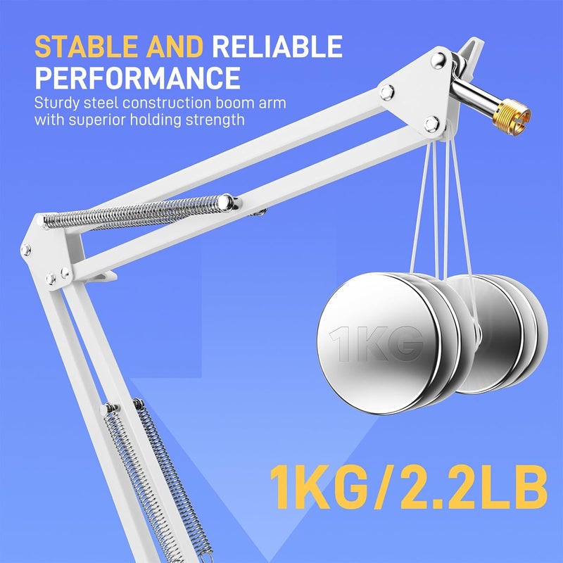 Maono Boom Arm Microphone Stand: Adjustable Metal Suspension Mic Boom Arm for Podcasting Gaming Streaming Recording,with Desk Clamp and 3/8" to 5/8" Screw Adapter-Max Load 1KG BA20 White - Image 2